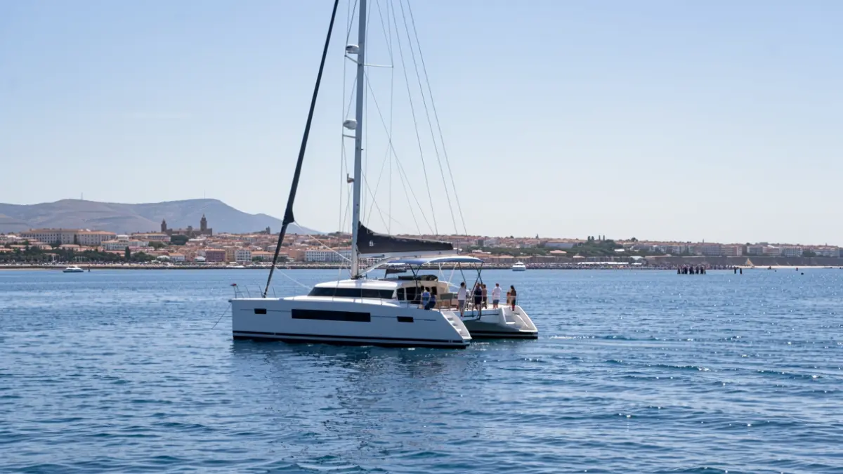 Catamarán navegando en la Bahía de Cádiz con la costa andaluza de fondo.