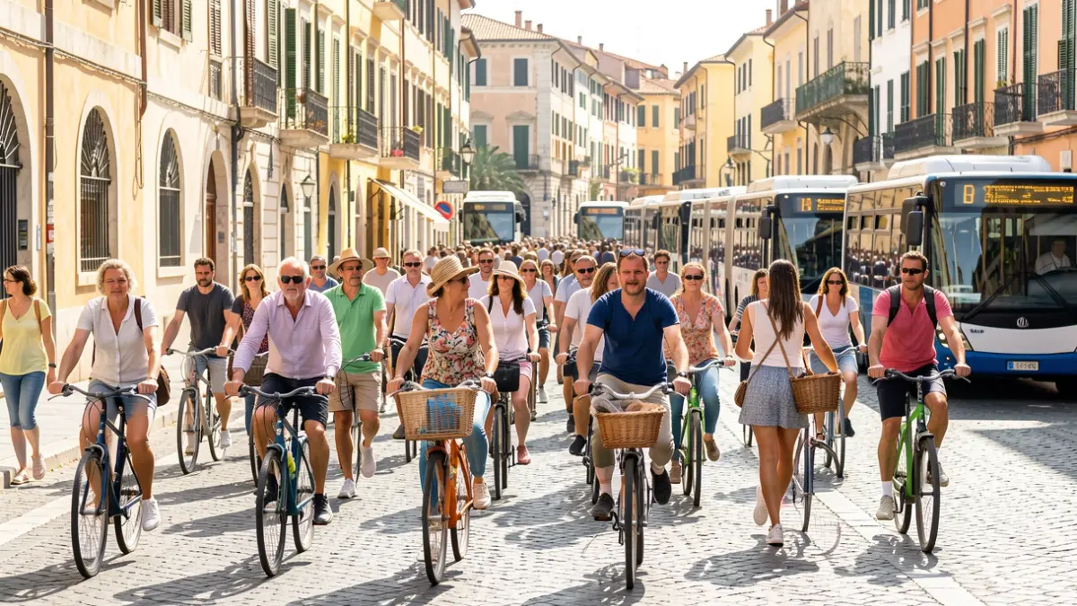 Image of diverse people of various ages walking and cycling on a sunny street in a Mediterranean city, with public transport buses in the background.