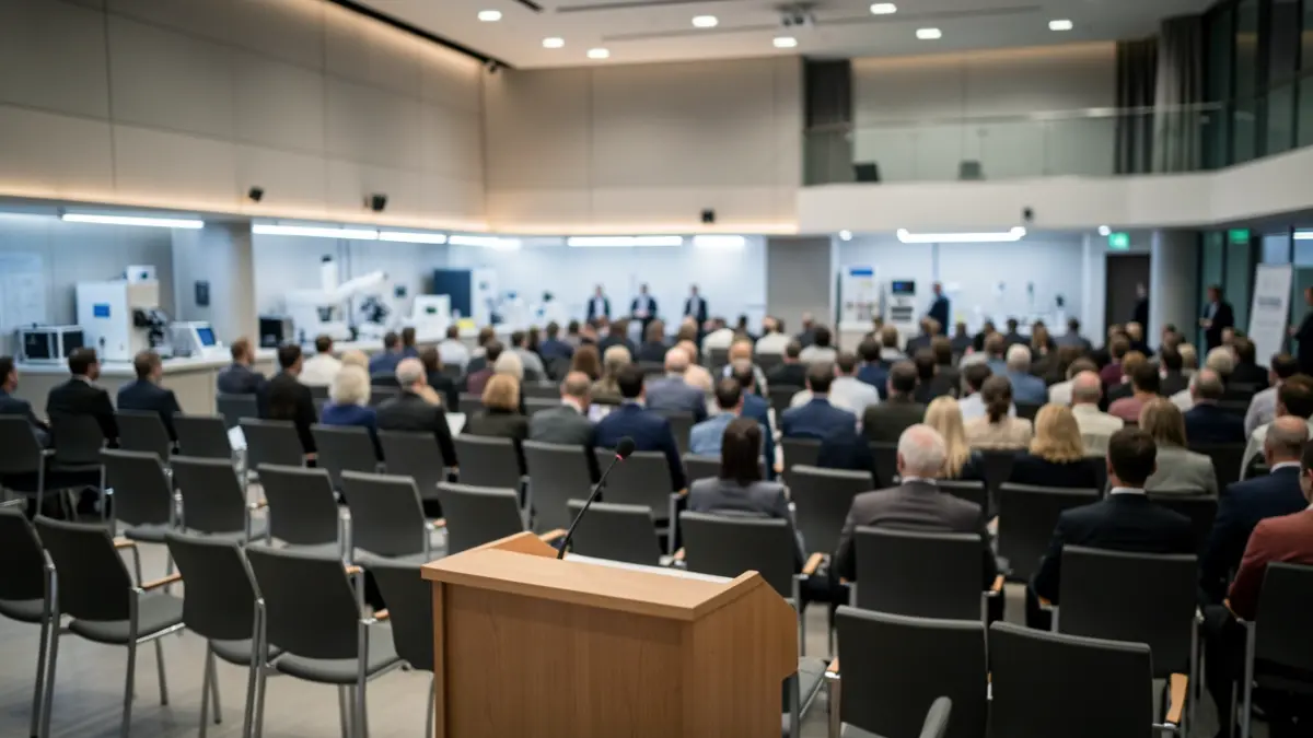 Imagen de una sala de conferencias preparada para un evento científico.