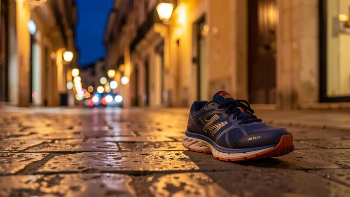 Imagen genérica de una zapatilla de deporte sobre pavimento urbano durante la noche.