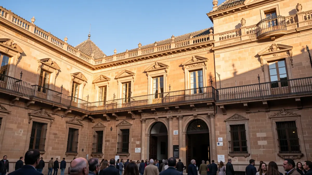 Facade of the Seville City Hall with ornate balconies and iron railings, warm afternoon sunlight casting shadows on the sandstone walls, blue sky, documentary photography style, Andalusian architecture.