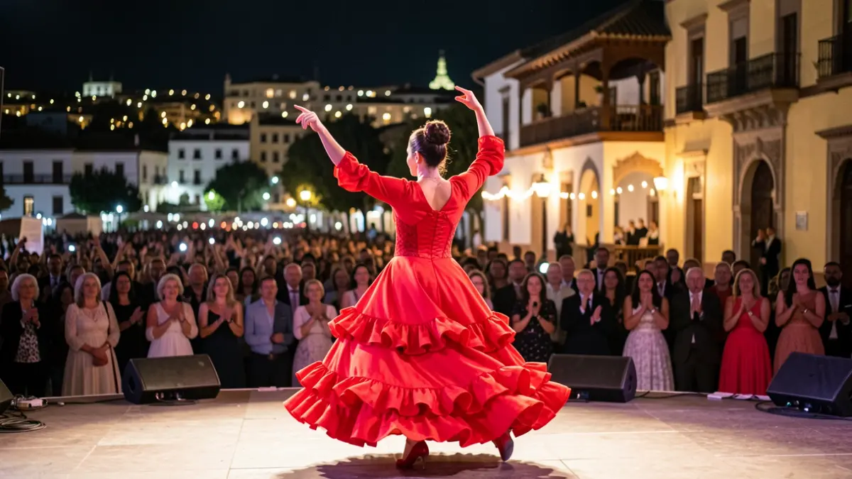 Imagen de una bailaora de flamenco actuando en un escenario exterior por la noche, con luces de ciudad y público al fondo.