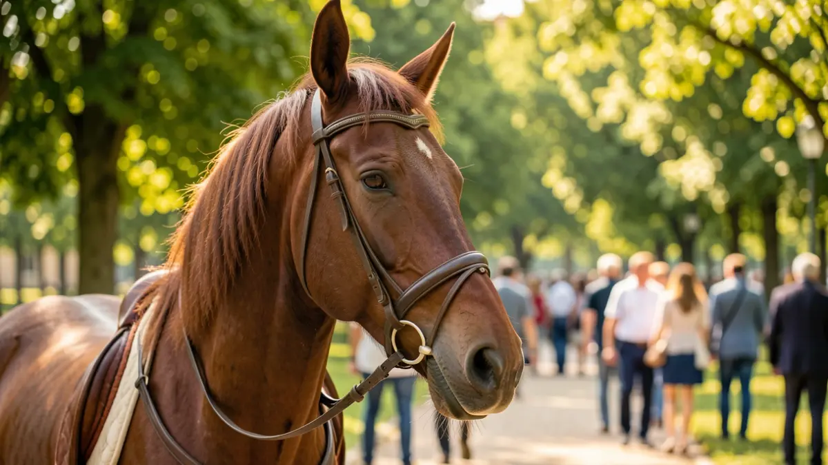 Primer plano de un caballo con brida elegante en un entorno de parque soleado.