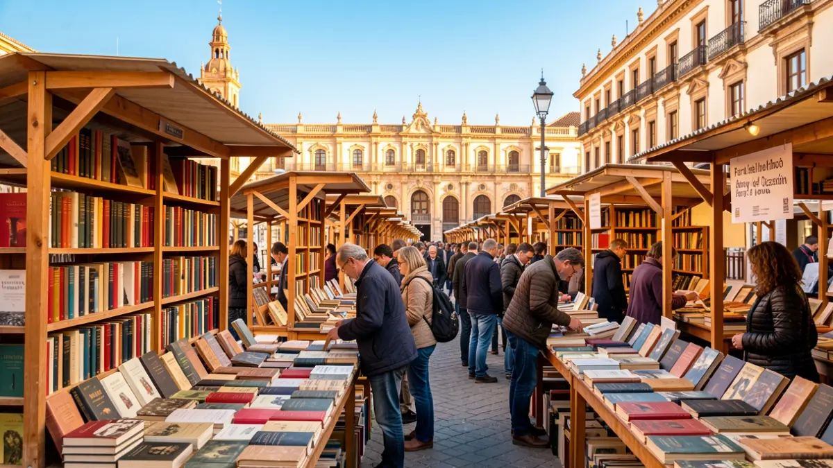 Imagen de la Feria del Libro Antiguo y de Ocasión de Sevilla con puestos de libros antiguos y gente comprando.