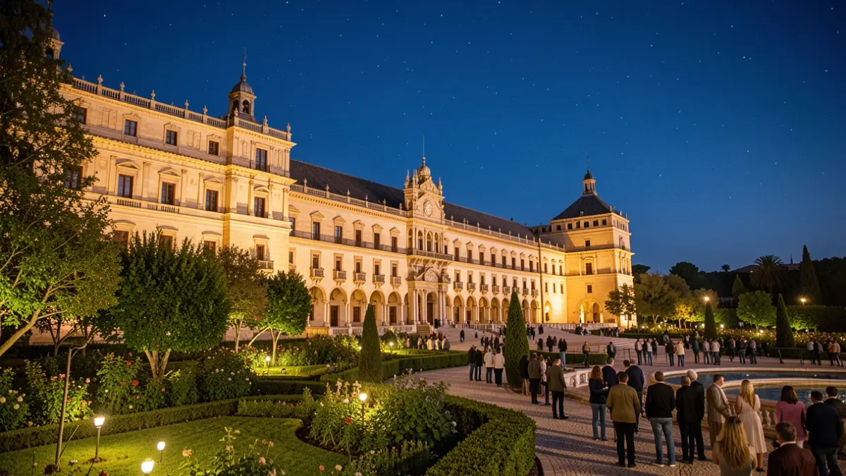 Facade of the Real Alcázar of Seville with gardens illuminated at night.