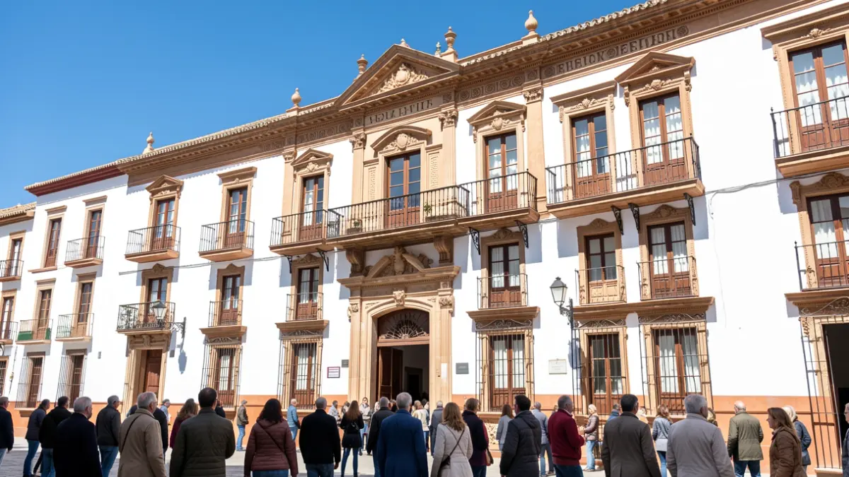 Fachada de un ayuntamiento andaluz tradicional con balcones ornamentados y paredes blancas, bajo la luz del sol.