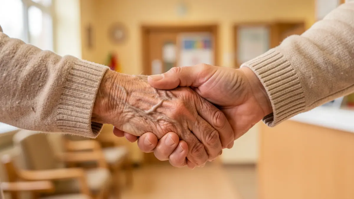 Close-up of a senior citizen's hand and a caregiver's hand, with a blurred background of a social center.