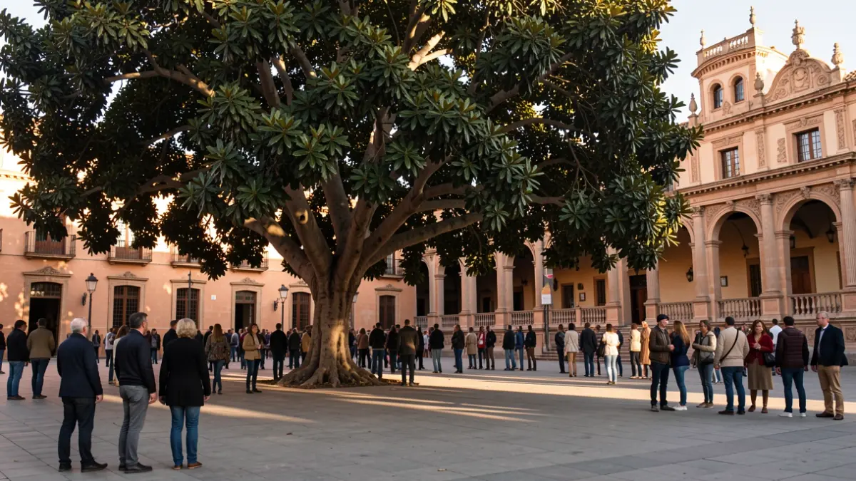 A mature ficus tree with a large canopy casting shade on a plaza next to a historical building in Seville.