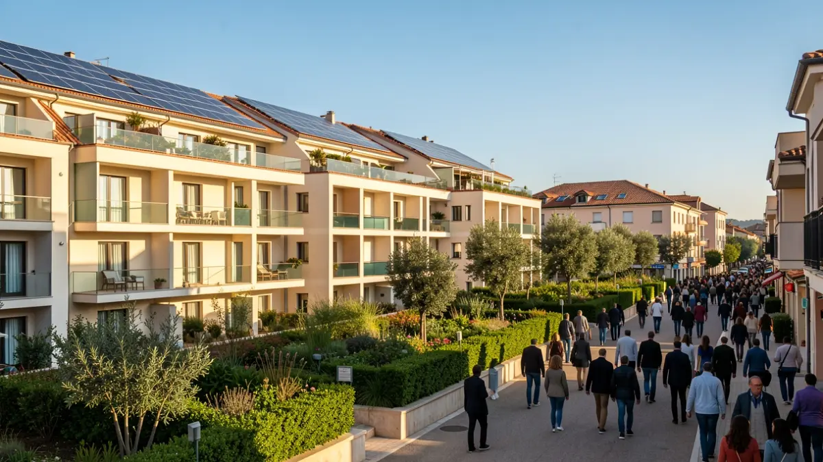 Edificios de viviendas modernas con paneles solares y zonas verdes.