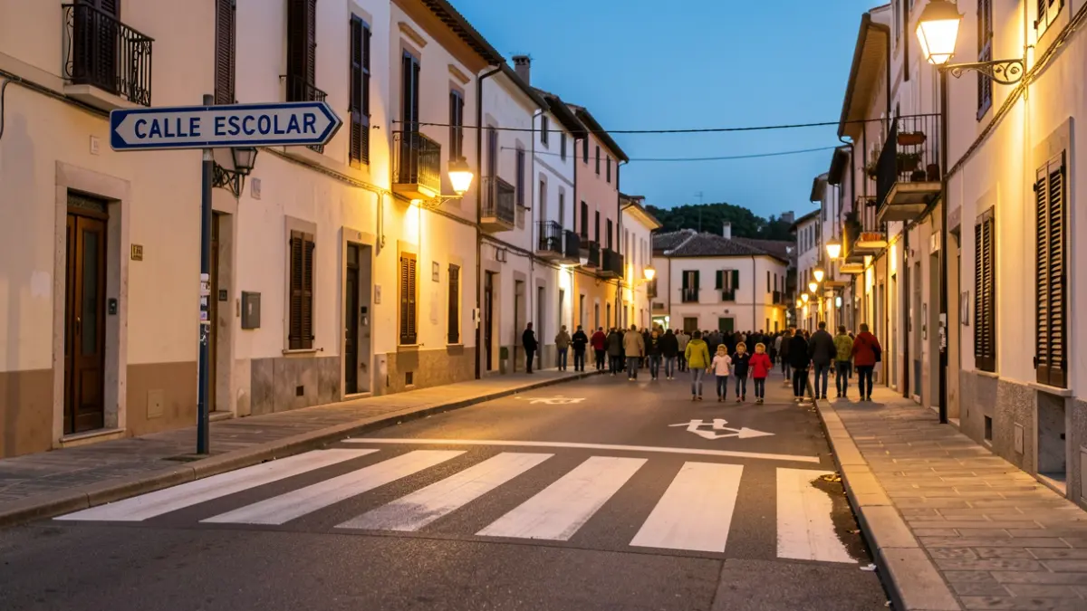 Imagen de una calle escolar recién señalizada en Sevilla con pintura vial y carteles de 'Calle Escolar' para garantizar la seguridad de los menores.