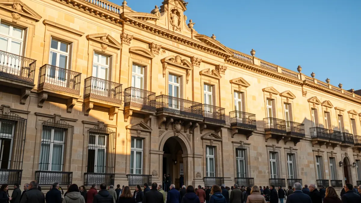 Fachada del Ayuntamiento de Sevilla con balcones ornamentados y barandillas de hierro, luz cálida de la tarde proyectando sombras sobre los muros de arenisca, cielo azul.