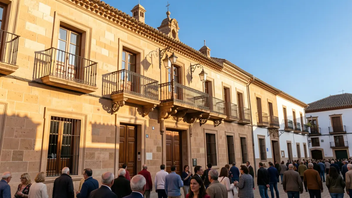 Fachada de un ayuntamiento andaluz tradicional con balcón y barandillas de hierro, luz de tarde cálida, cielo azul.