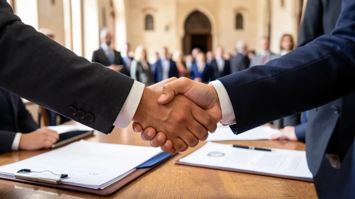 Image of a handshake over a desk with official documents and an Andalusian architectural detail.
