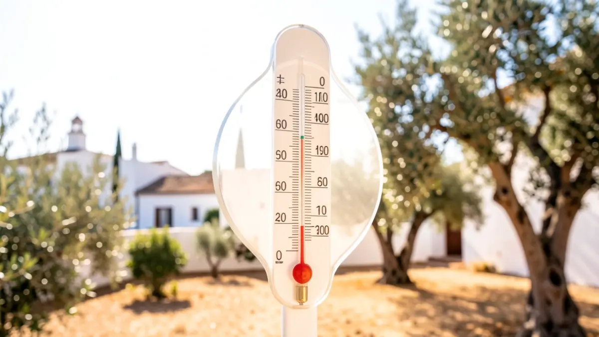 Thermometer showing an extremely high temperature in a sunny Andalusian landscape.