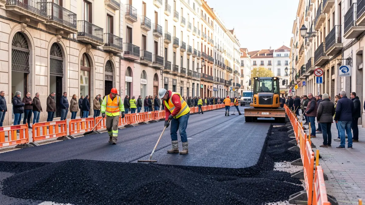 Trabajos de reasfaltado en una calle de Sevilla con operarios y maquinaria.