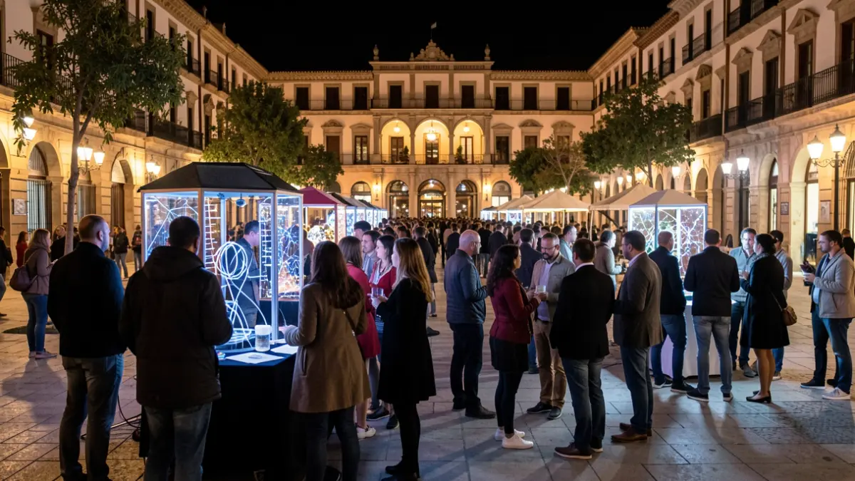 Imagen genérica de la Noche Europea de los Investigadores en Sevilla, con gente observando actividades científicas al aire libre.