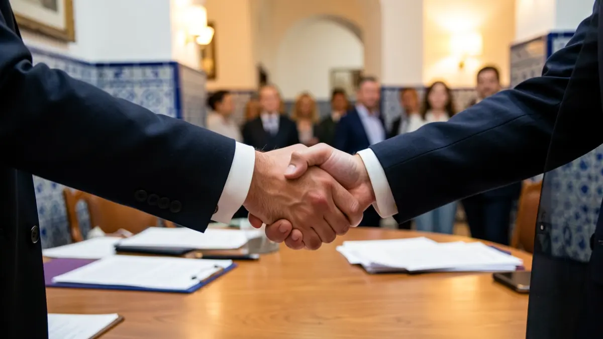 Hands of company representatives shaking hands over a desk with documents, in an office setting with Andalusian architecture.