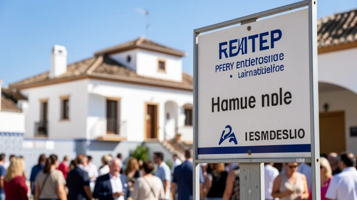 Generic image of a real estate sign with a blurred house in the background, under a sunny Andalusian sky with white buildings and blue tiles.