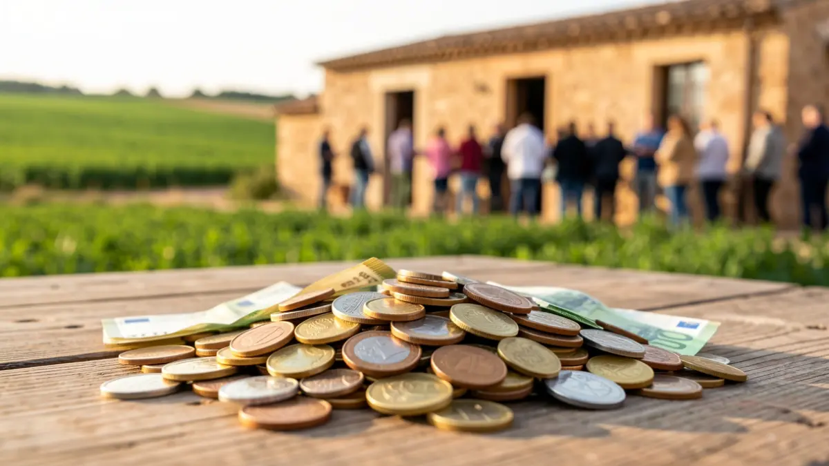 Imagen de monedas y billetes de euro sobre una mesa de madera, con campos verdes y un edificio rústico al fondo.