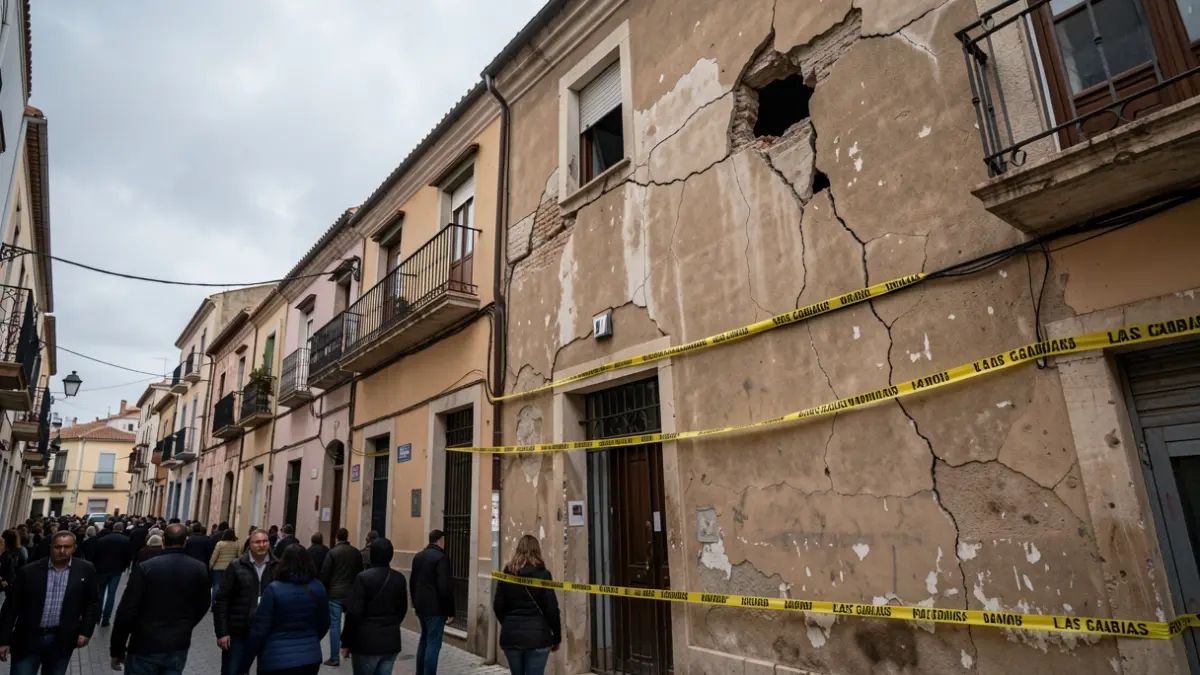 Damaged building facade in Las Gabias with caution tape.