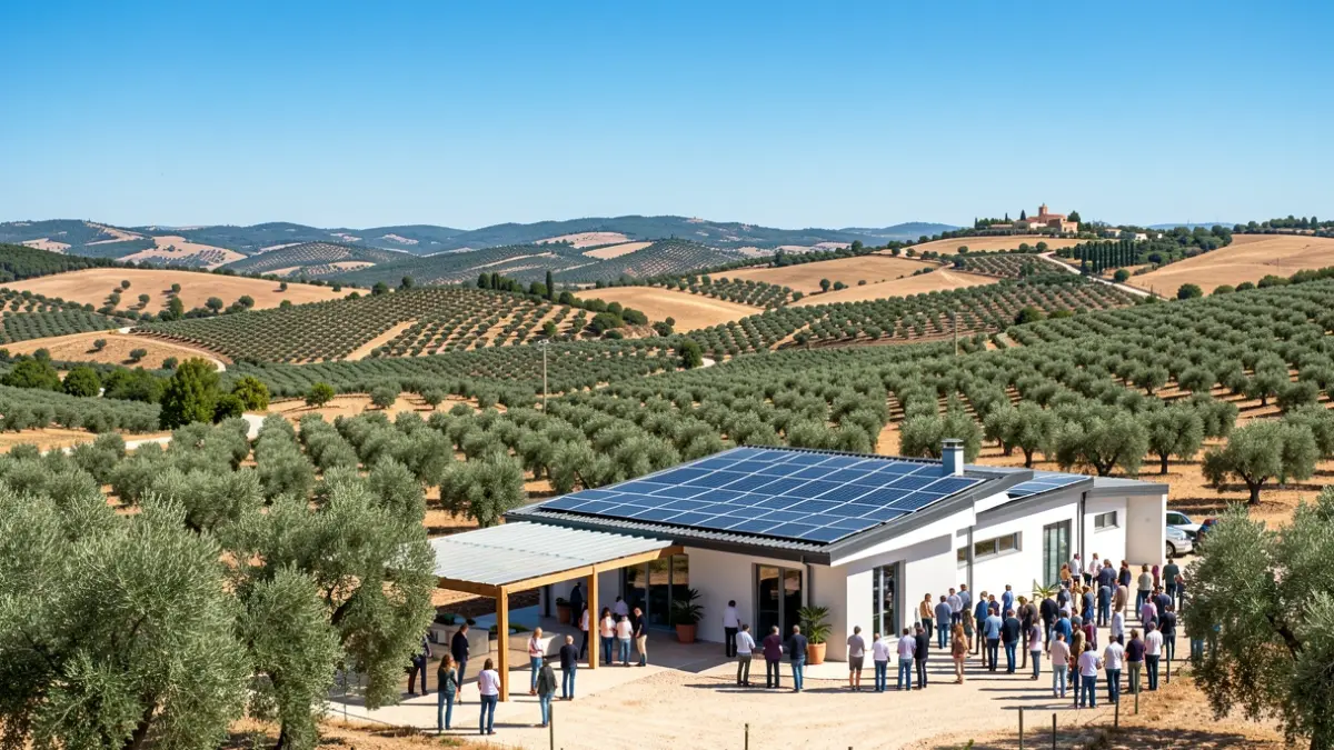 Imagen genérica de un paisaje rural andaluz con un edificio moderno y paneles solares.