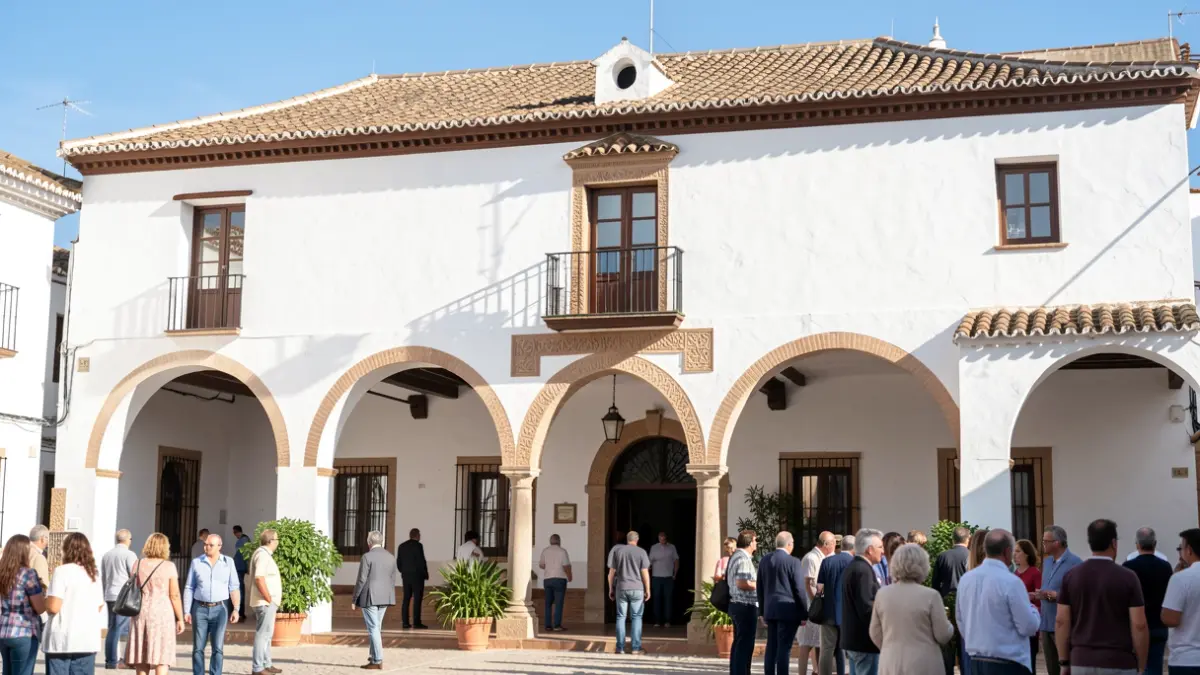 Fachada de un ayuntamiento andaluz tradicional con paredes blancas, arcos y tejado de tejas, bajo una luz solar brillante. Se aprecian algunas plantas verdes en macetas.