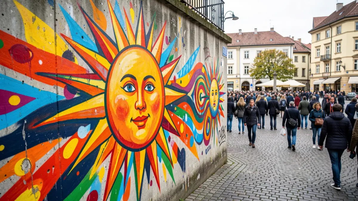 Mural de arte urbano vibrante con símbolos de creatividad y juventud.