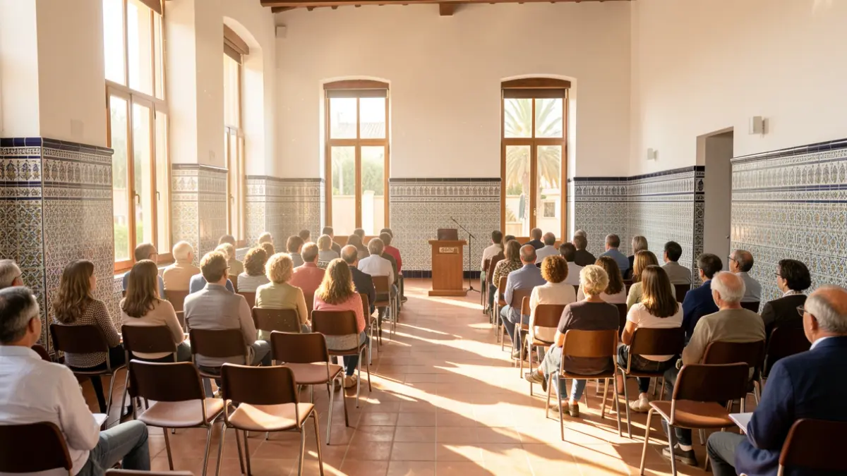Imagen genérica de un interior de centro cultural andaluz con sillas vacías y un atril.