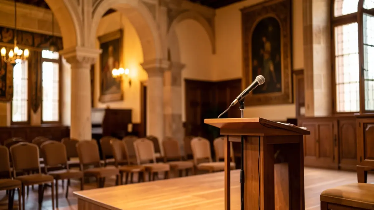 Interior of Casa de los Mora with a podium and microphone.