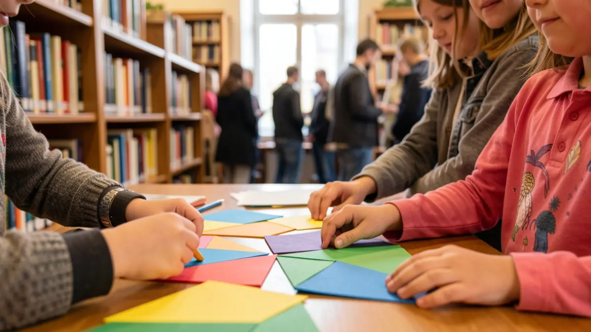 Manos de niños creando arte con formas geométricas de colores en una mesa, en un entorno de biblioteca cálido y acogedor, con estanterías de libros desenfocadas al fondo.