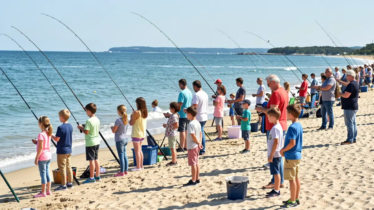 Generic image of a children's fishing workshop on the beach.