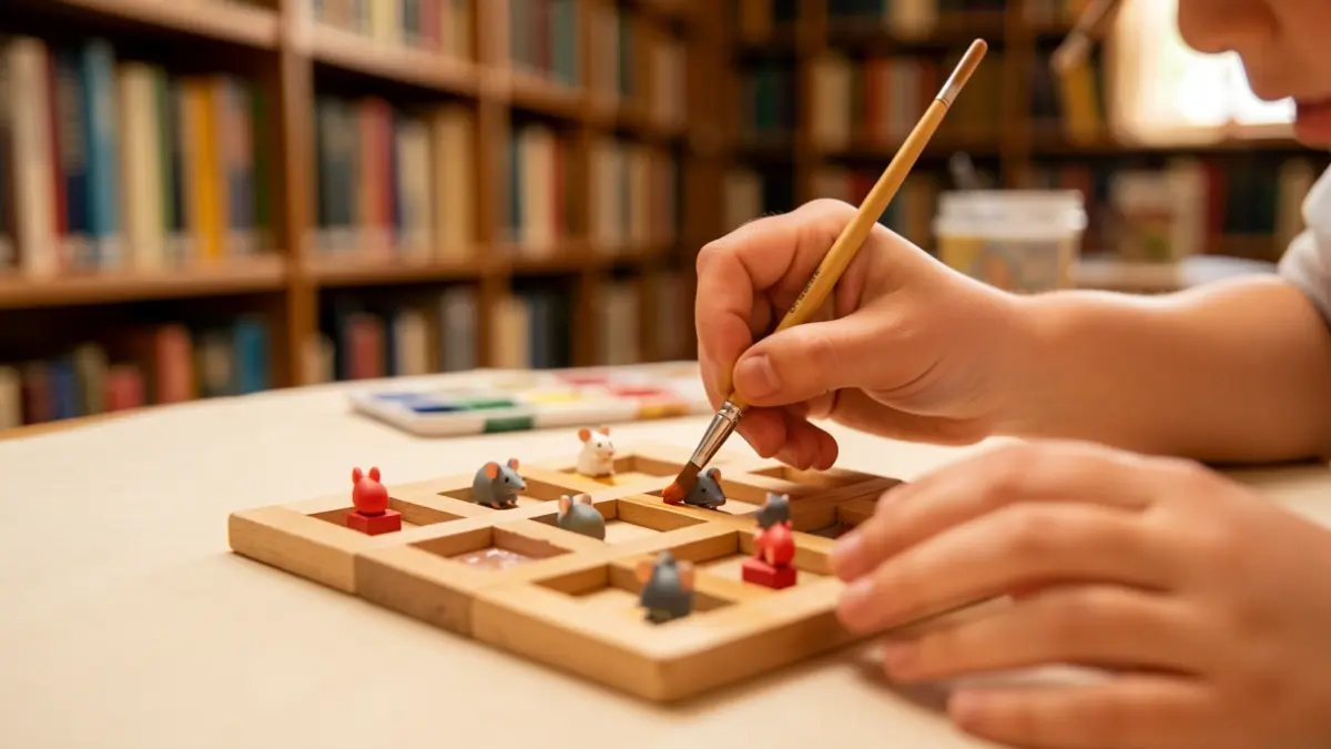Child's hands painting pieces for a mouse-themed tic-tac-toe game in a library setting.