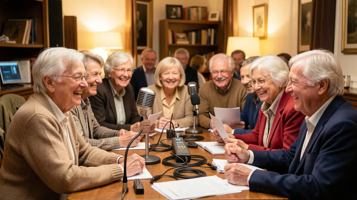 Image of elderly people participating in a radio workshop.