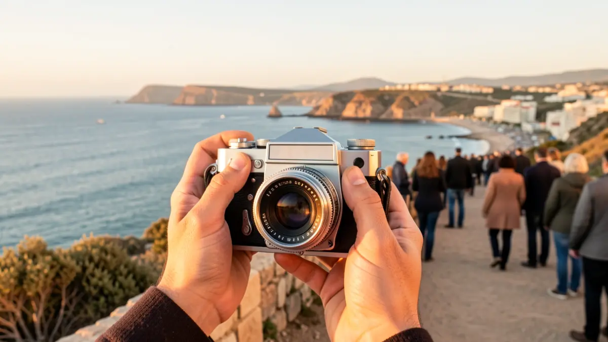 Photographer's hands holding an old camera, focusing on a scenic landscape of Tarifa with the sea and coastline visible in the background, warm sunset light.