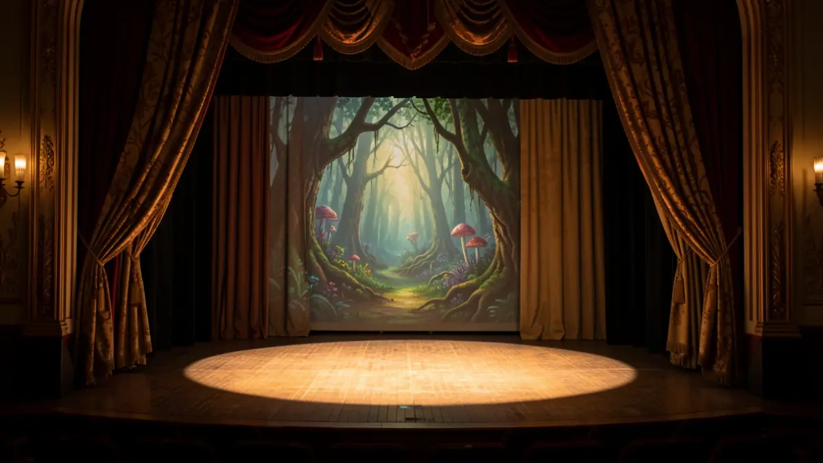 Theatre stage scene with curtains and a fantasy forest illuminated by a spotlight.