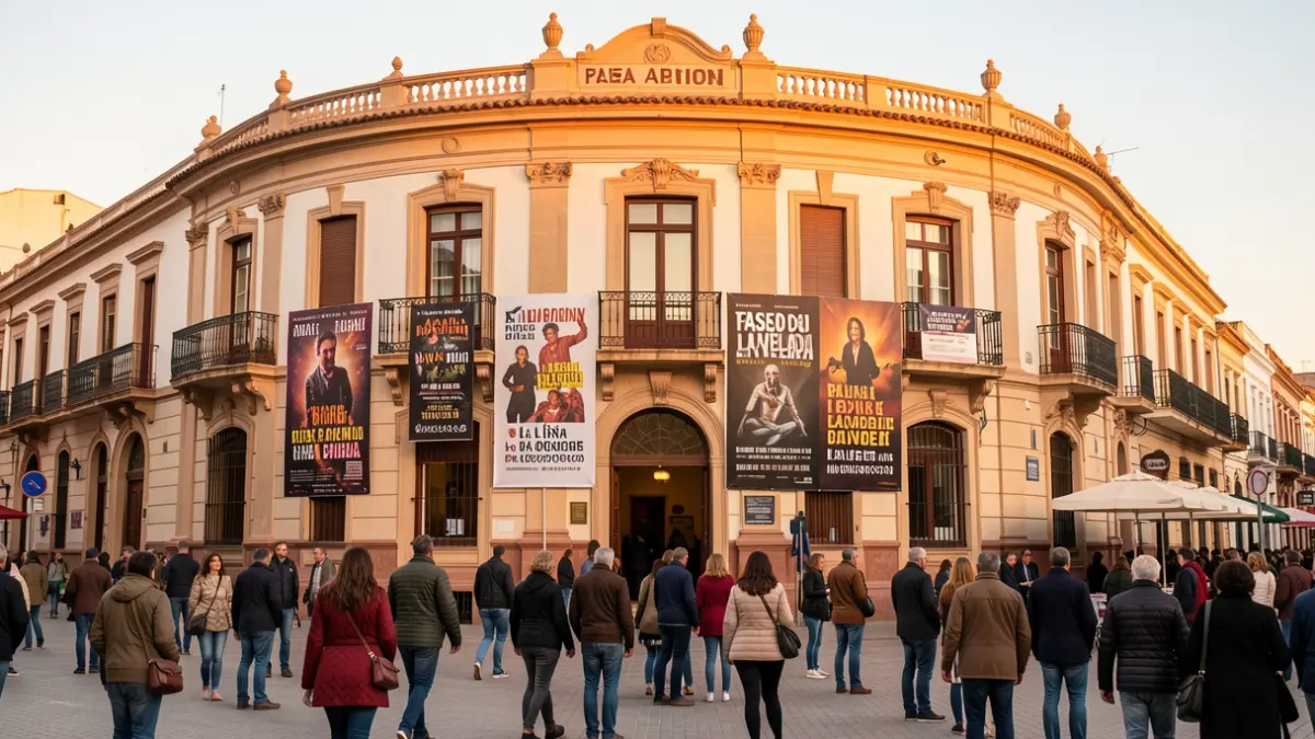 Fachada del Teatro Paseo de La Velada en La Línea de la Concepción con carteles de próximos espectáculos.