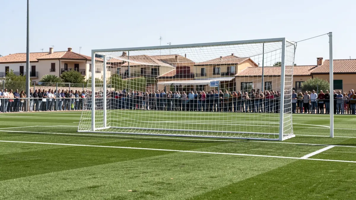 Football field in Novo Sancti Petri with goalposts and white lines.