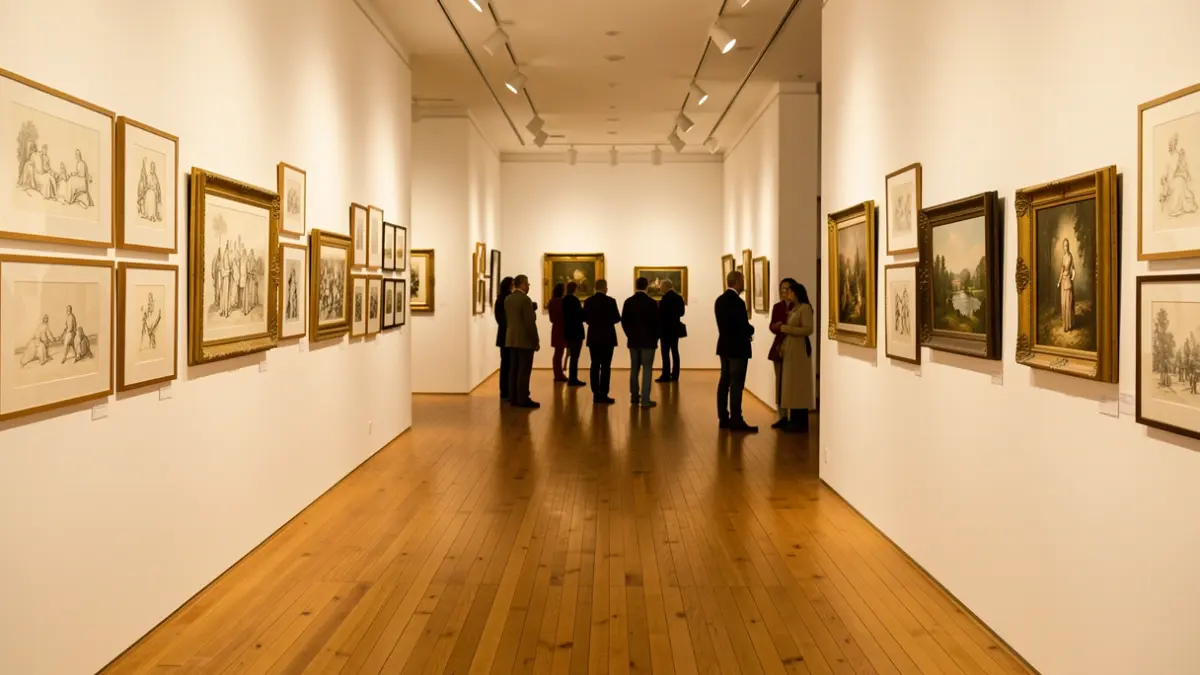 Interior view of an exhibition hall with artworks displayed on the walls.