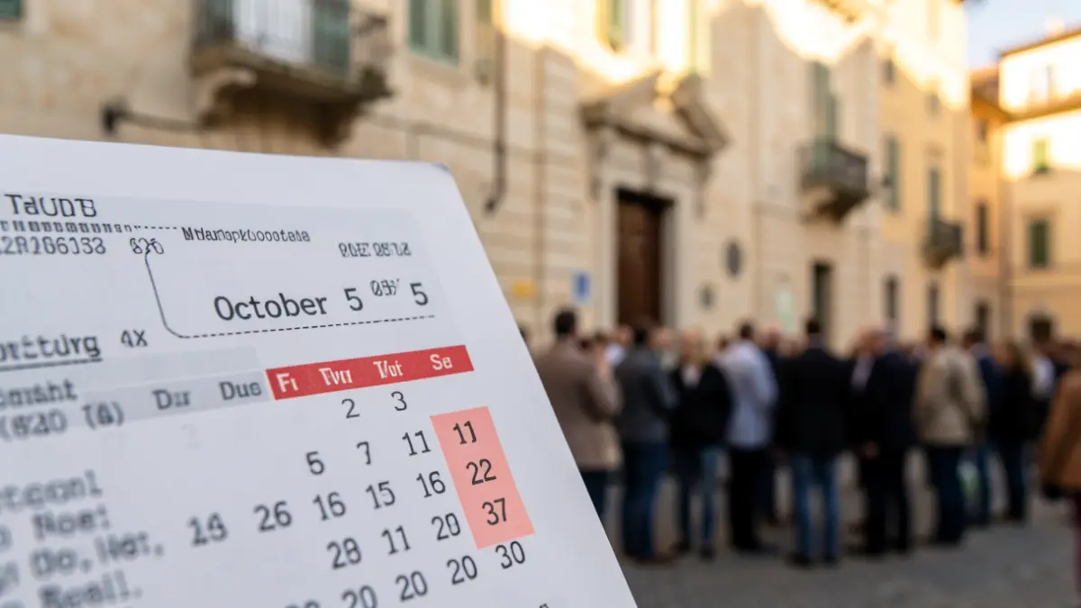 Detalle de un recibo fiscal con un calendario que muestra el 5 de octubre resaltado, con la fachada de un ayuntamiento andaluz al fondo.