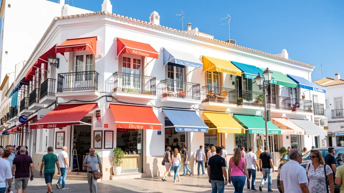 Fachada de un edificio en Torremolinos con toldos y rótulos.