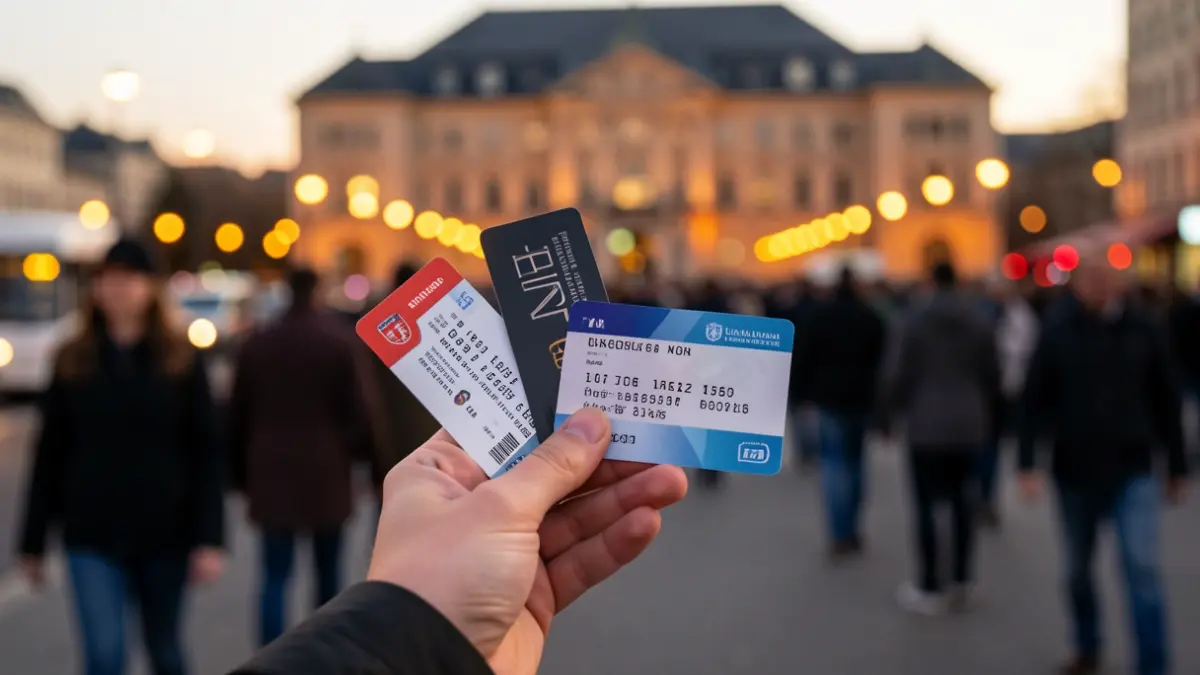 Close-up of a student's hand holding a bus pass and a university ID card, with blurred city lights and a university building in the background.