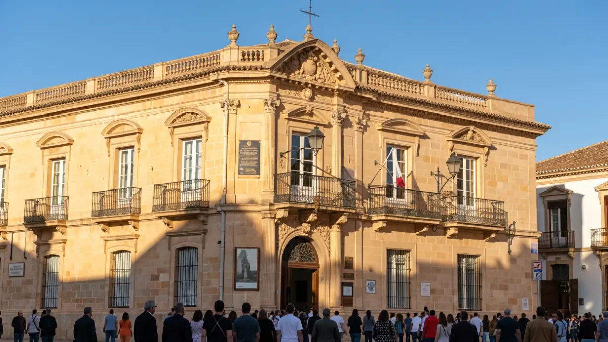 Fachada del Ayuntamiento de Torremolinos con balcón y barandillas de hierro, luz de sol de la tarde.
