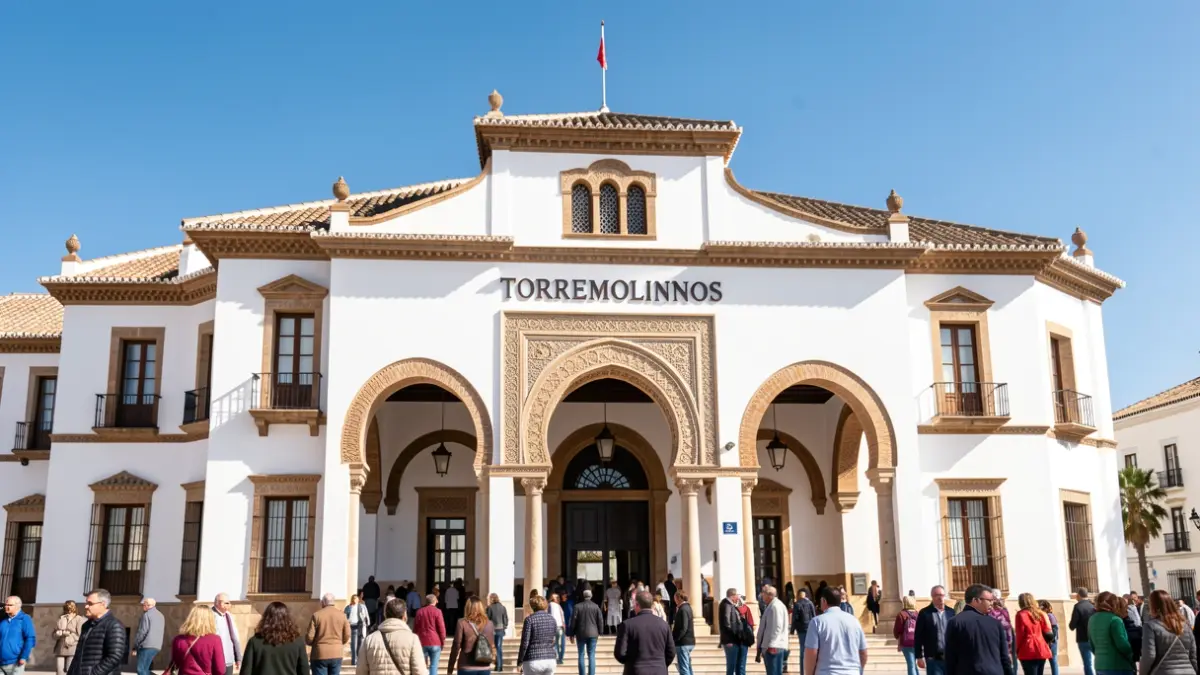 Fachada del Ayuntamiento de Torremolinos con arquitectura andaluza bajo el sol.