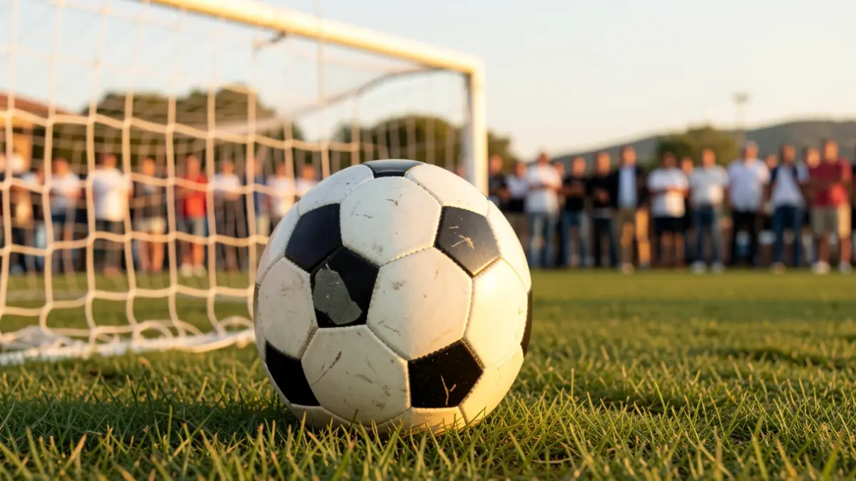 Generic image of a soccer ball on grass with the goal net blurred.