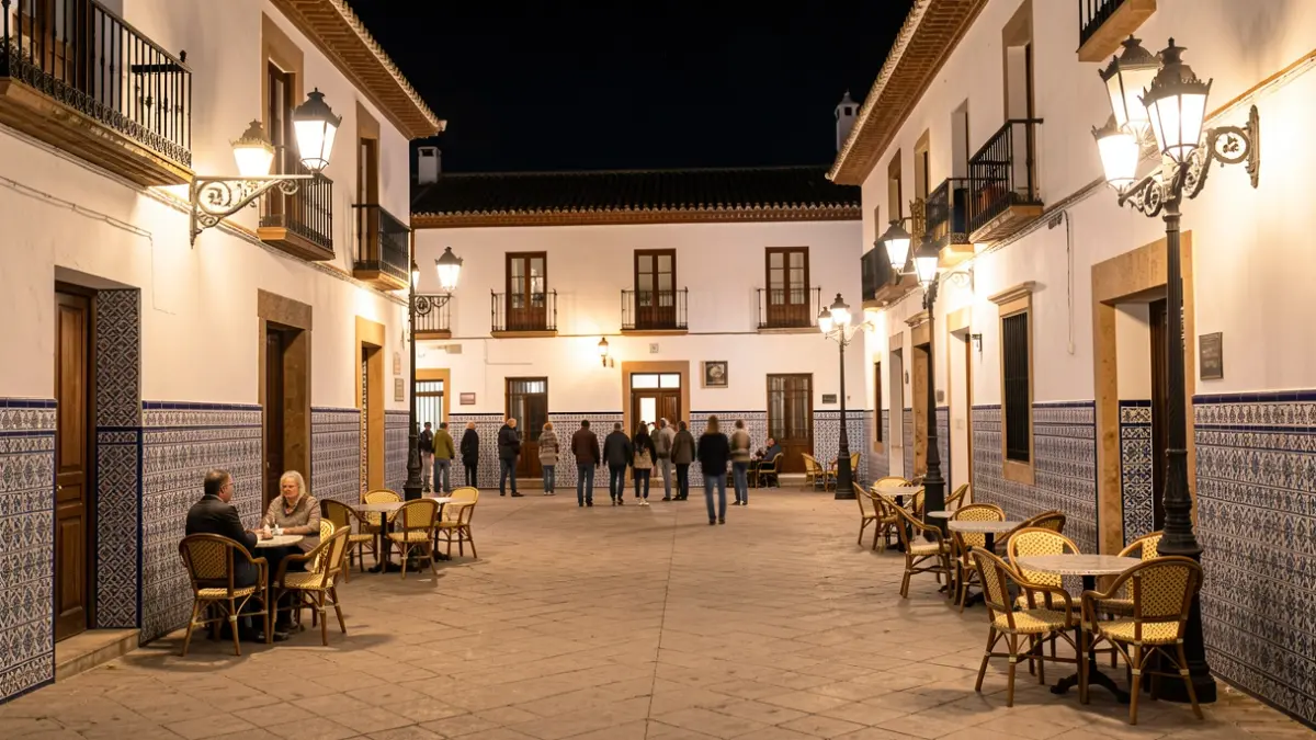 Plaza de un barrio andaluz por la noche, con farolas y ambiente festivo.