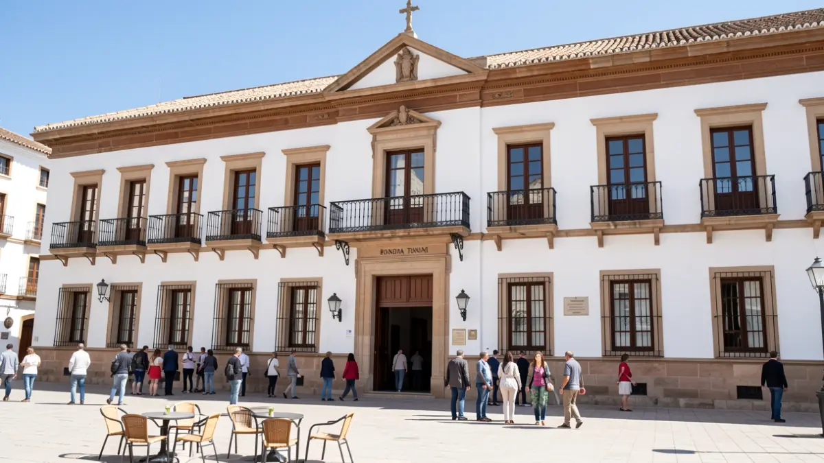 Facade of the Ronda Town Hall, a historic building with Andalusian architecture, featuring white walls and ornate balconies, bathed in bright sunlight.