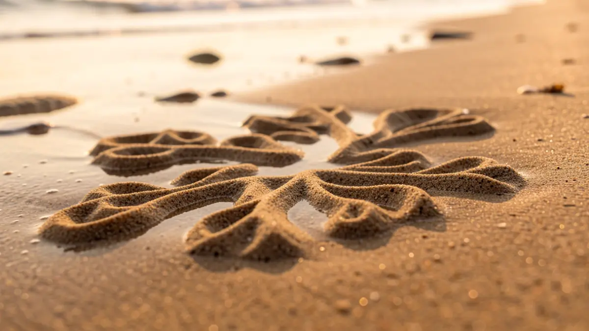 Abstract organic shapes and textures on wet sand, created by the receding tide.