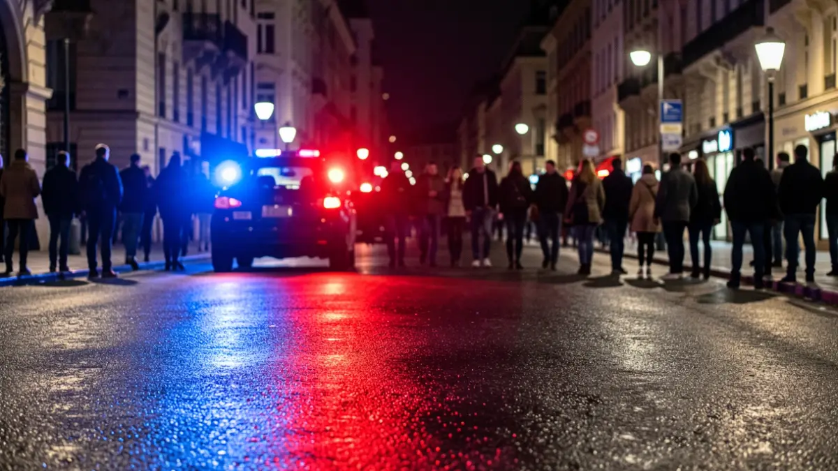 Imagen genérica de luces de emergencia policiales reflejándose en asfalto mojado por la noche.