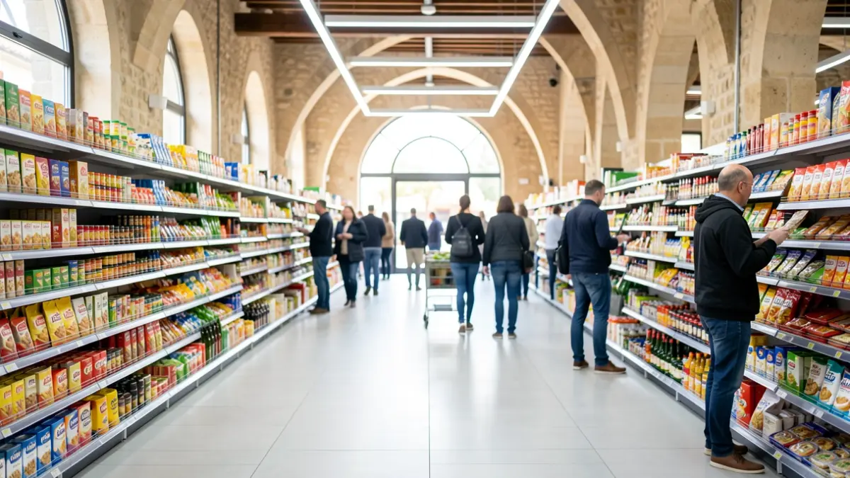 Generic image of a supermarket with organized shelves.