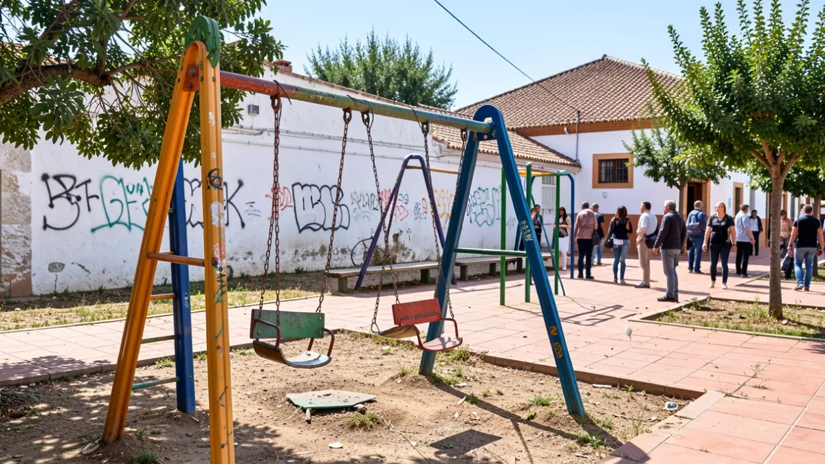 Imagen de un parque infantil vandalizado en Bailén con columpios rotos y grafitis.